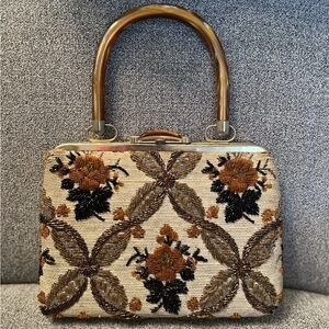 Vintage Floral Embroidered Clutch with Wooden Handle
